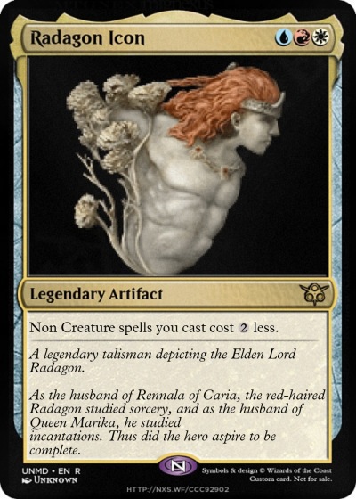EldenrinG As the husband of Rennala of Caria, the red-haired Radagon  studied sorcery, and as the husband of Queen Marika, he studied  incantations.Thus did the hero aspire to be complete / Radagon
